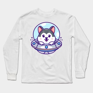 Cute husky flying with spaceship ufo cartoon Long Sleeve T-Shirt